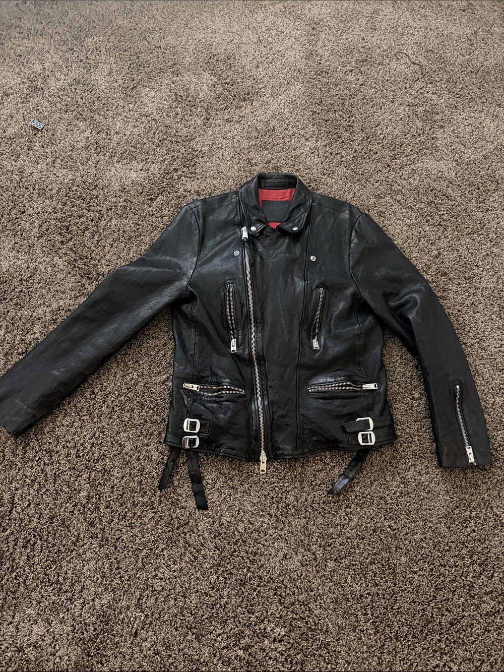 All Saints Black Leather Bomber Jacket with Red Lining